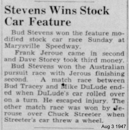 Marysville Race Track (Blue Water Speedway) - August 3 1947 Marysville Results From Dave Dobner